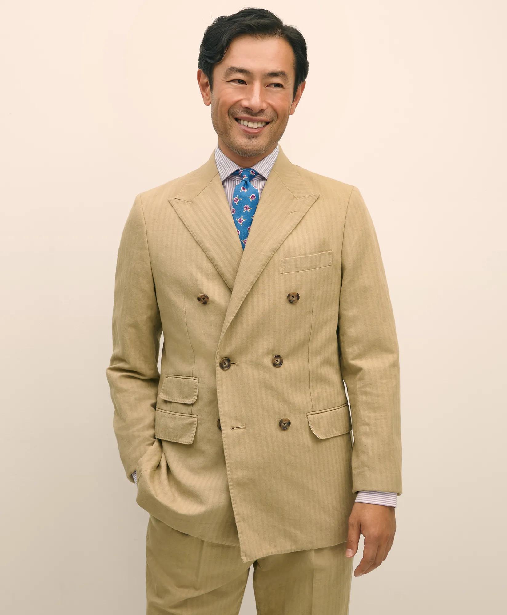 Slim Fit Cotton-Linen Herringbone Double-Breasted Suit Jacket