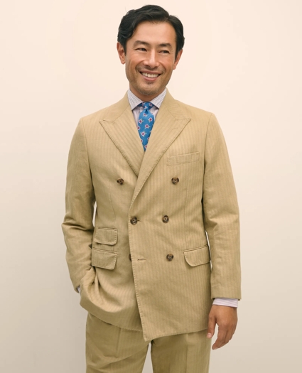 Slim Fit Cotton-Linen Herringbone Double-Breasted Suit Jacket, image 1