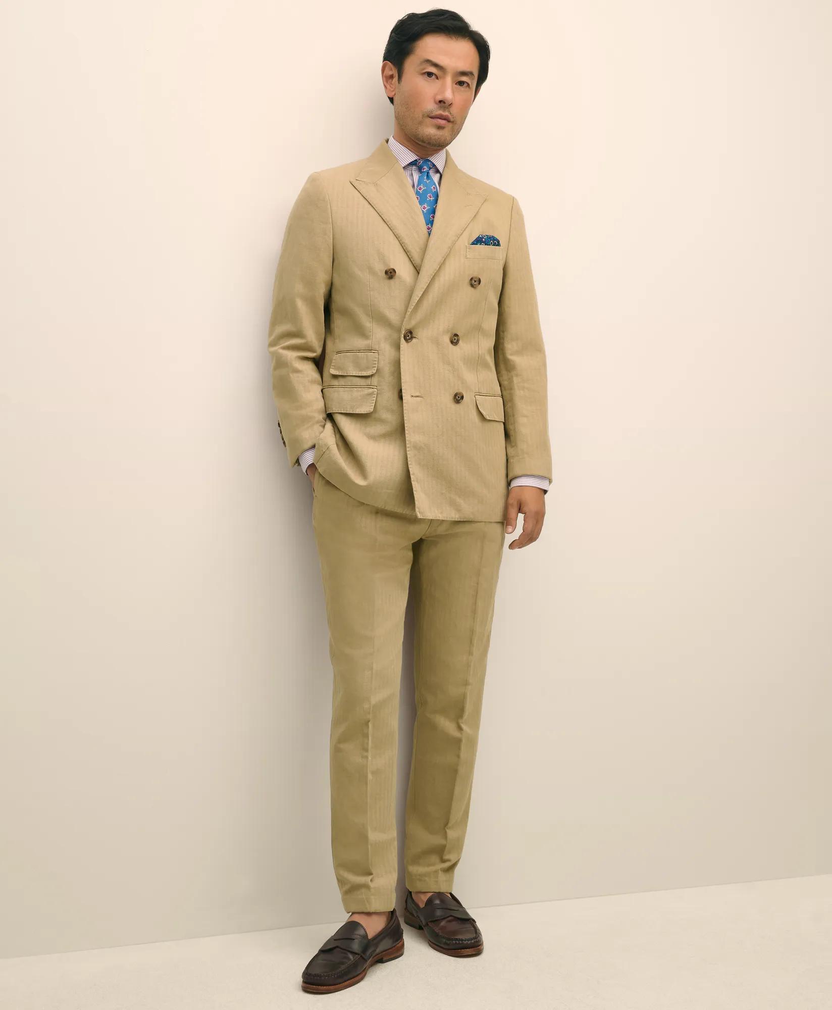 Slim Fit Cotton-Linen Herringbone Double-Breasted Suit Jacket
