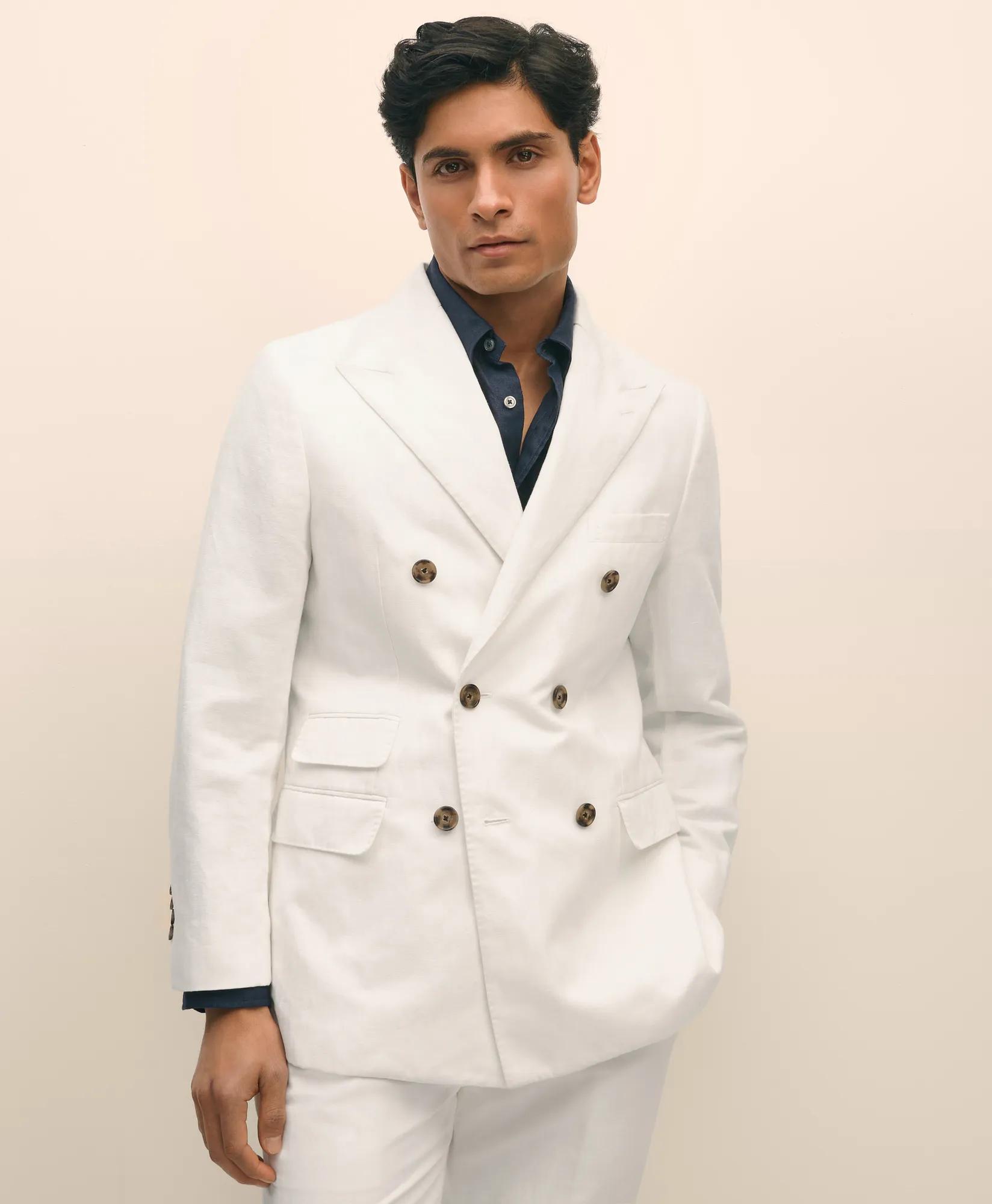 Slim Fit Cotton-Linen Herringbone Double-Breasted Suit Jacket