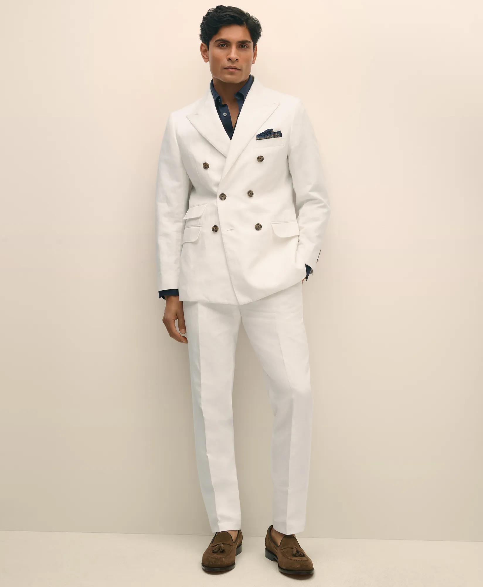Slim Fit Cotton-Linen Herringbone Double-Breasted Suit Jacket