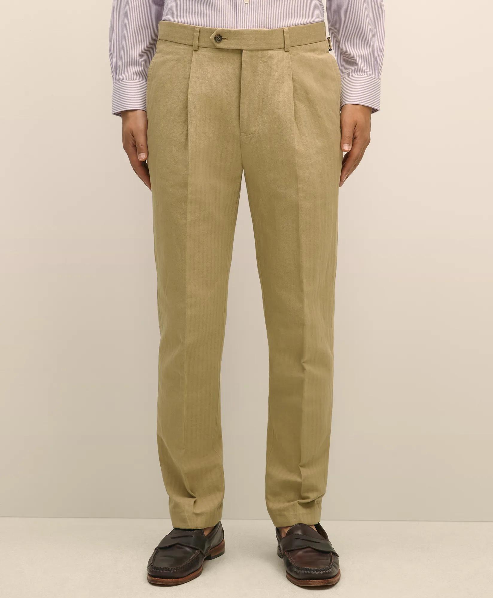 Slim Fit Cotton-Linen Herringbone Single-Pleat Suit Pants