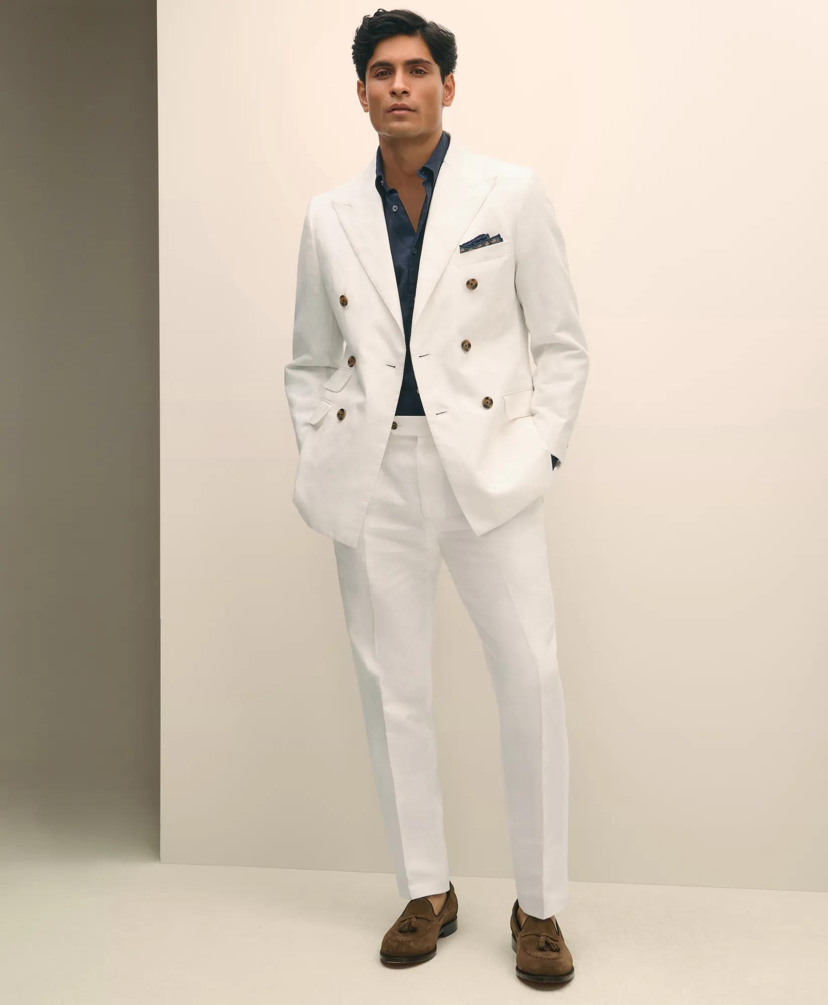 Slim Fit Cotton-Linen Herringbone Single-Pleat Suit Pants