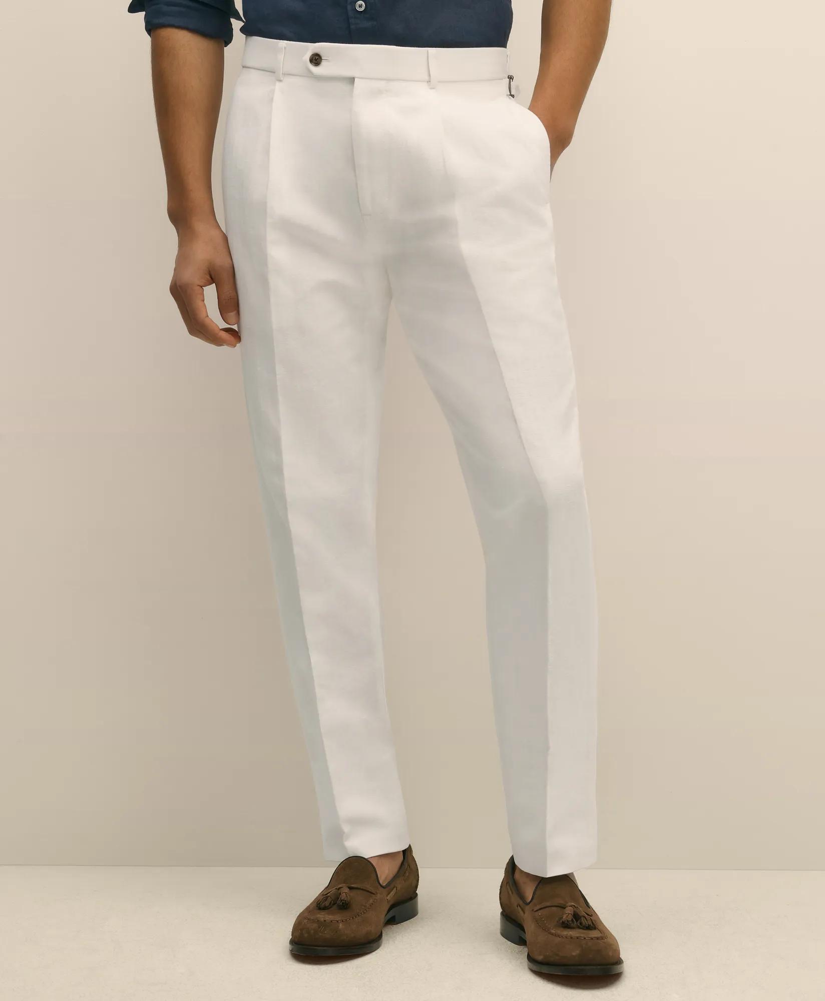 Slim Fit Cotton-Linen Herringbone Single-Pleat Suit Pants