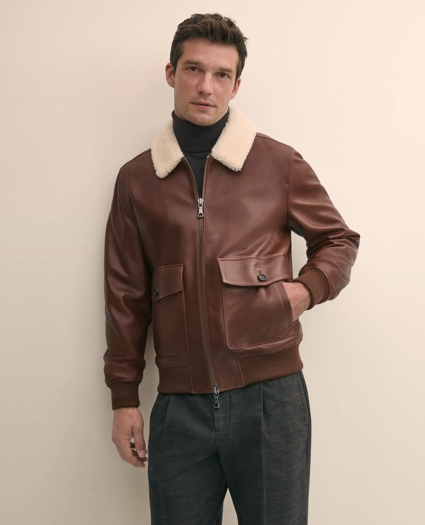 Washed Leather Bomber Jacket With Shearling Collar, image 1