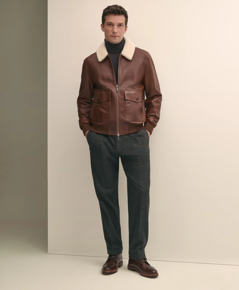 Washed Leather Bomber Jacket With Shearling Collar, image 2