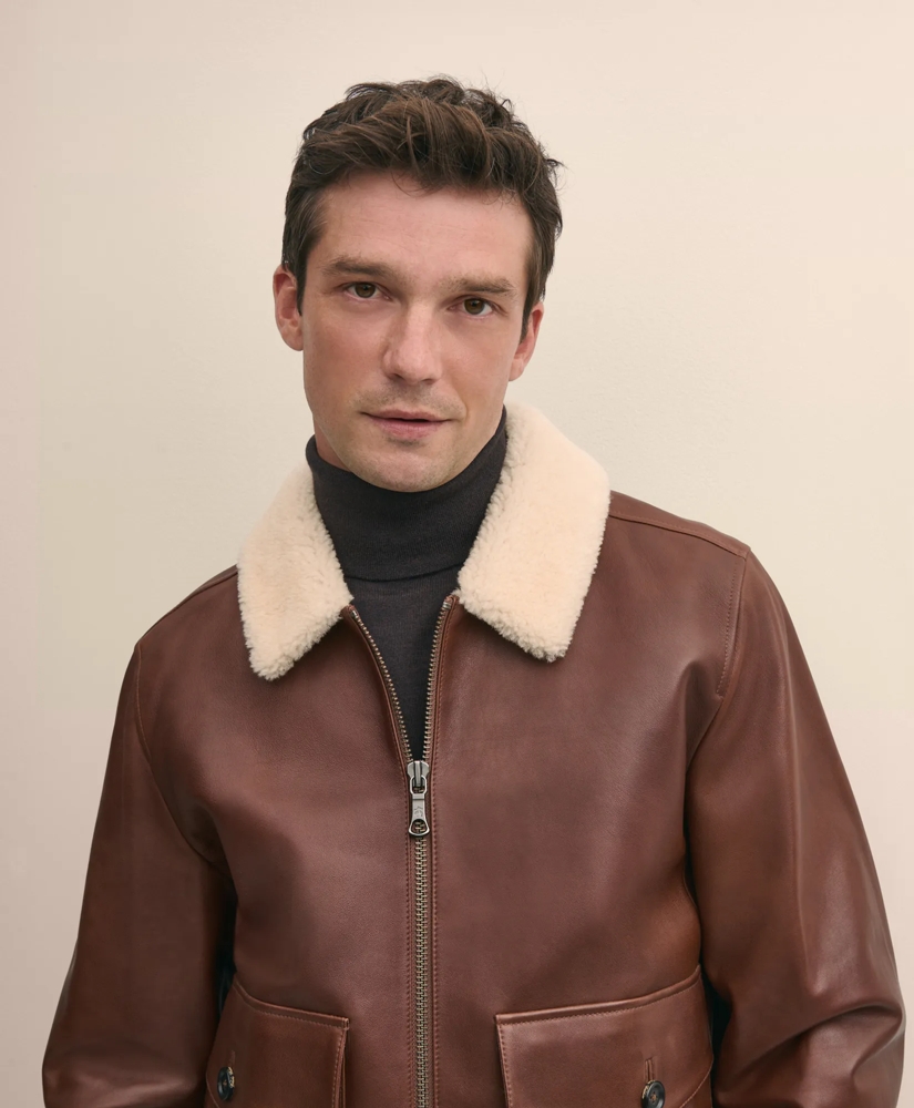 Washed Leather Bomber Jacket With Shearling Collar, image 4