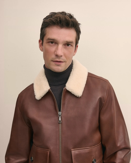 Washed Leather Bomber Jacket With Shearling Collar, image 4