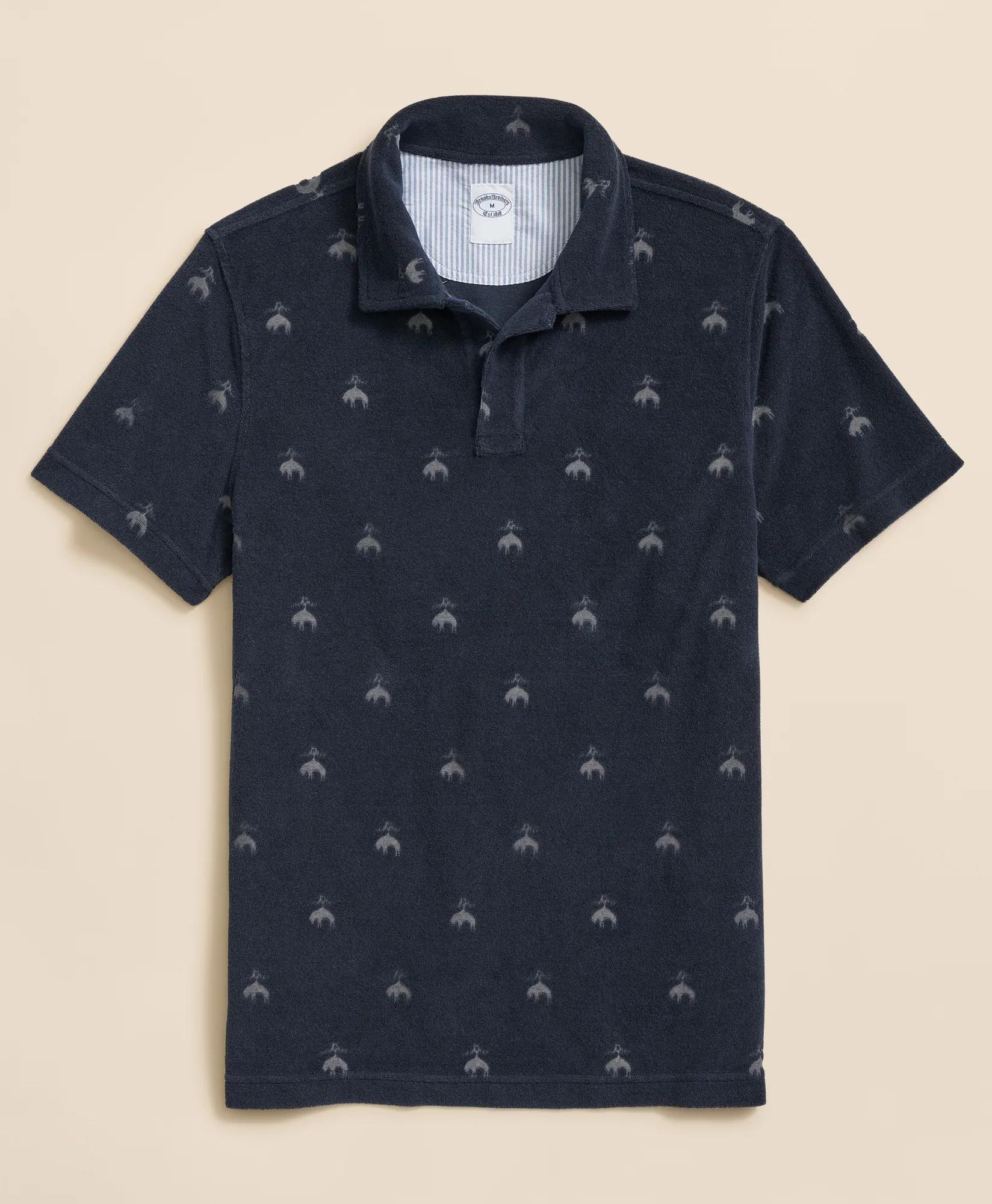 Terry Cloth Jacquard Polo Shirt with Golden Fleece Motif - Navy