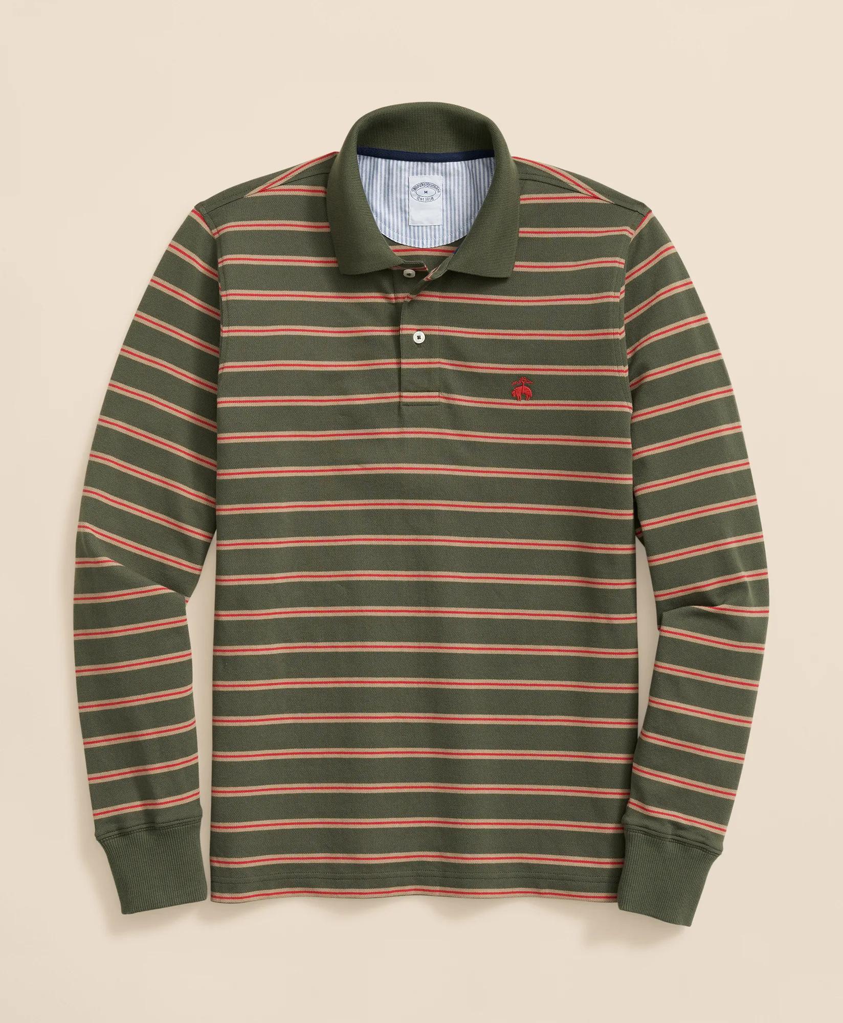 Golden Fleece® Stretch Supima® Long-Sleeve Striped Polo Shirt, image 1