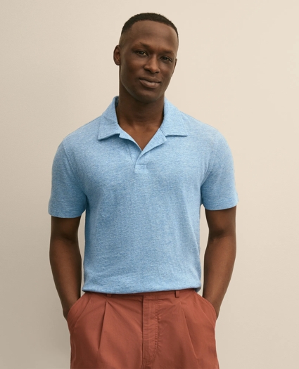 Cotton-Linen Pique Johnny Collar Shirt, image 1