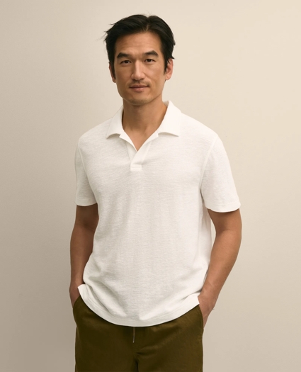 Cotton-Linen Pique Johnny Collar Shirt, image 1