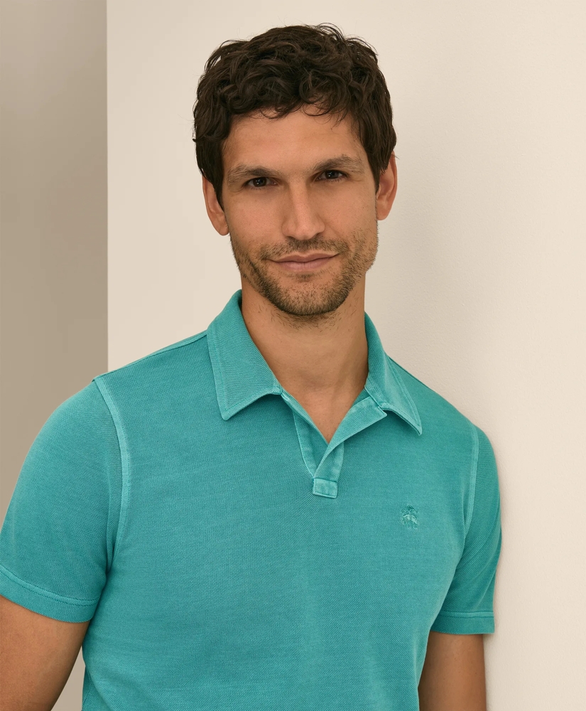 Cotton Pique Garment-Dyed Johnny Collar Polo Shirt, image 2