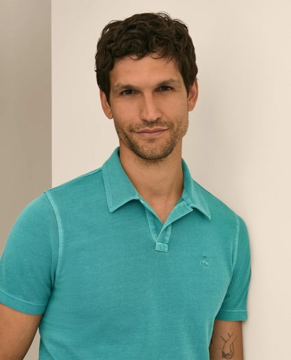 Cotton Pique Garment-Dyed Johnny Collar Polo Shirt, image 2