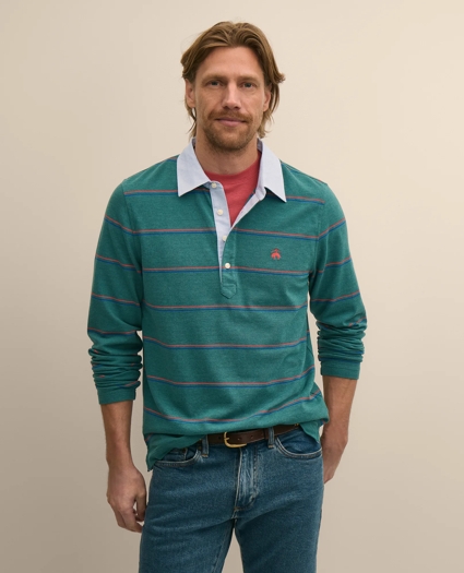Supima&reg; Cotton Pique Woven-Collar Striped Vintage Polo Shirt, image 1