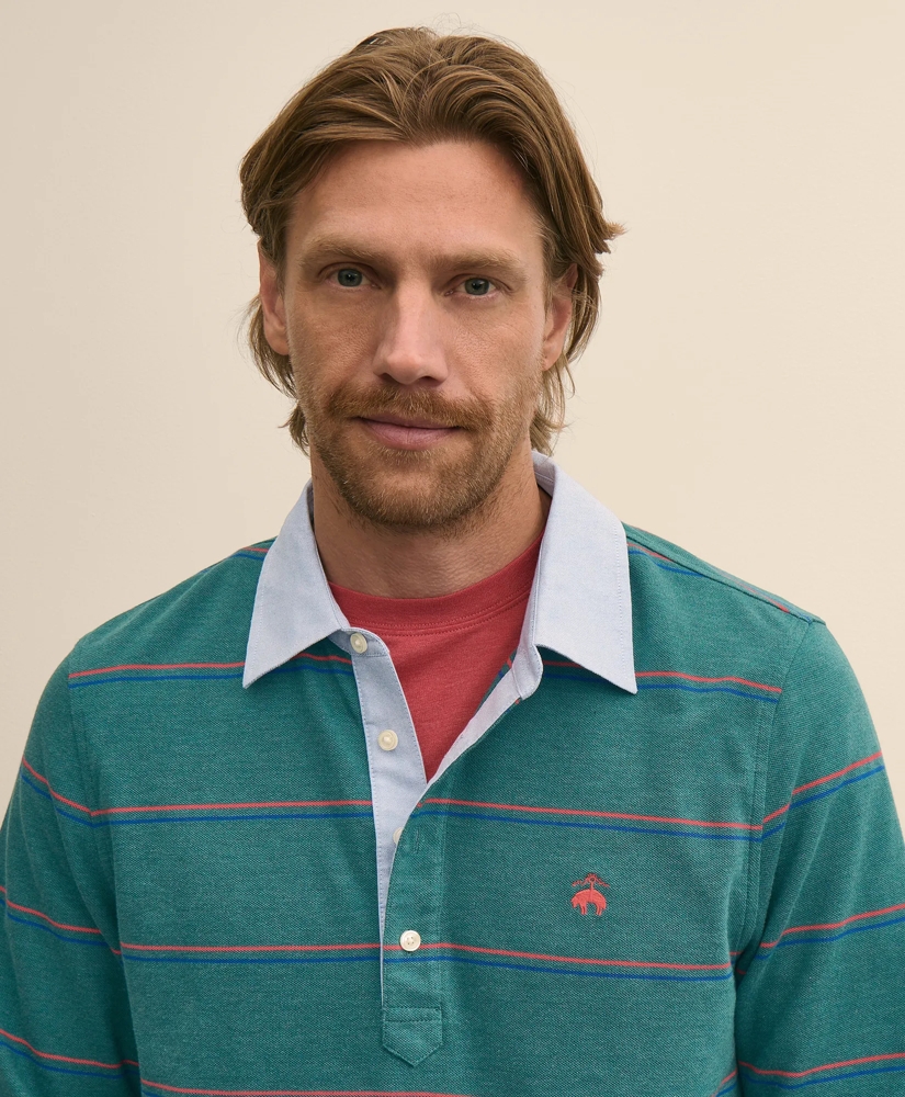 Supima&reg; Cotton Pique Woven-Collar Striped Vintage Polo Shirt, image 2