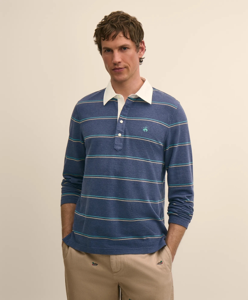 Supima&reg; Cotton Pique Woven-Collar Striped Vintage Polo Shirt, image 1