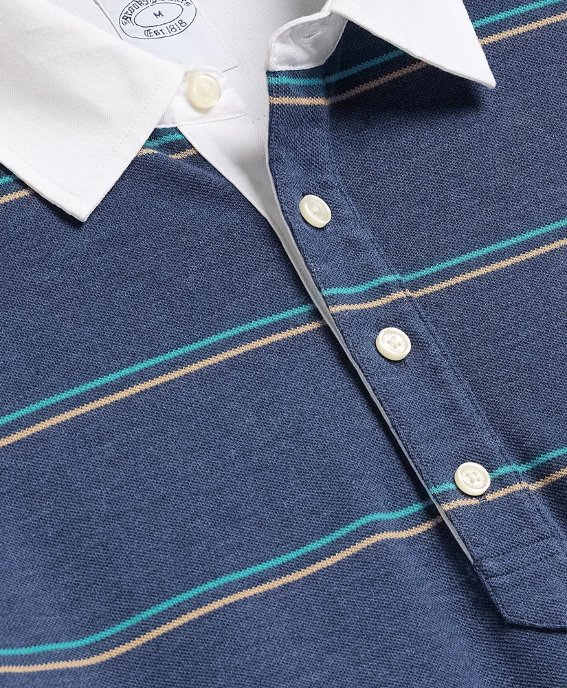 Supima&reg; Cotton Pique Woven-Collar Striped Vintage Polo Shirt, image 5