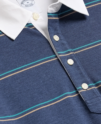 Supima&reg; Cotton Pique Woven-Collar Striped Vintage Polo Shirt, image 5