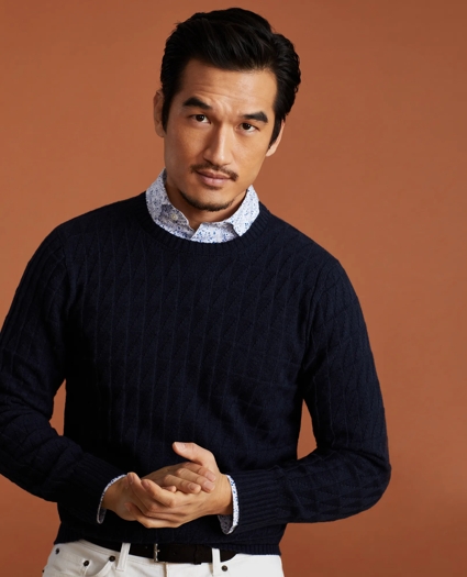 Golden Fleece® 3-D Knit Fine-Gauge Cashmere-Silk Textured Crewneck Sweater, image 1