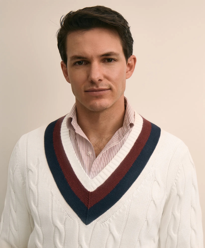 Vintage-Inspired Tennis V-Neck Sweater in Supima&reg; Cotton, image 2