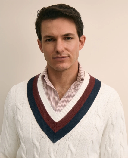 Vintage-Inspired Tennis V-Neck Sweater in Supima&reg; Cotton, image 2