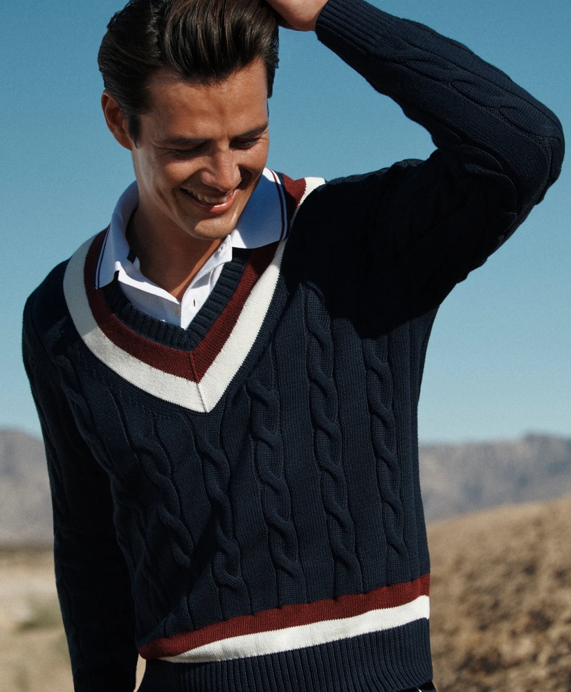 Vintage-Inspired Tennis V-Neck Sweater in Supima® Cotton, image 3