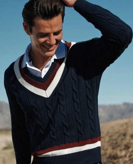 Vintage-Inspired Tennis V-Neck Sweater in Supima® Cotton, image 3