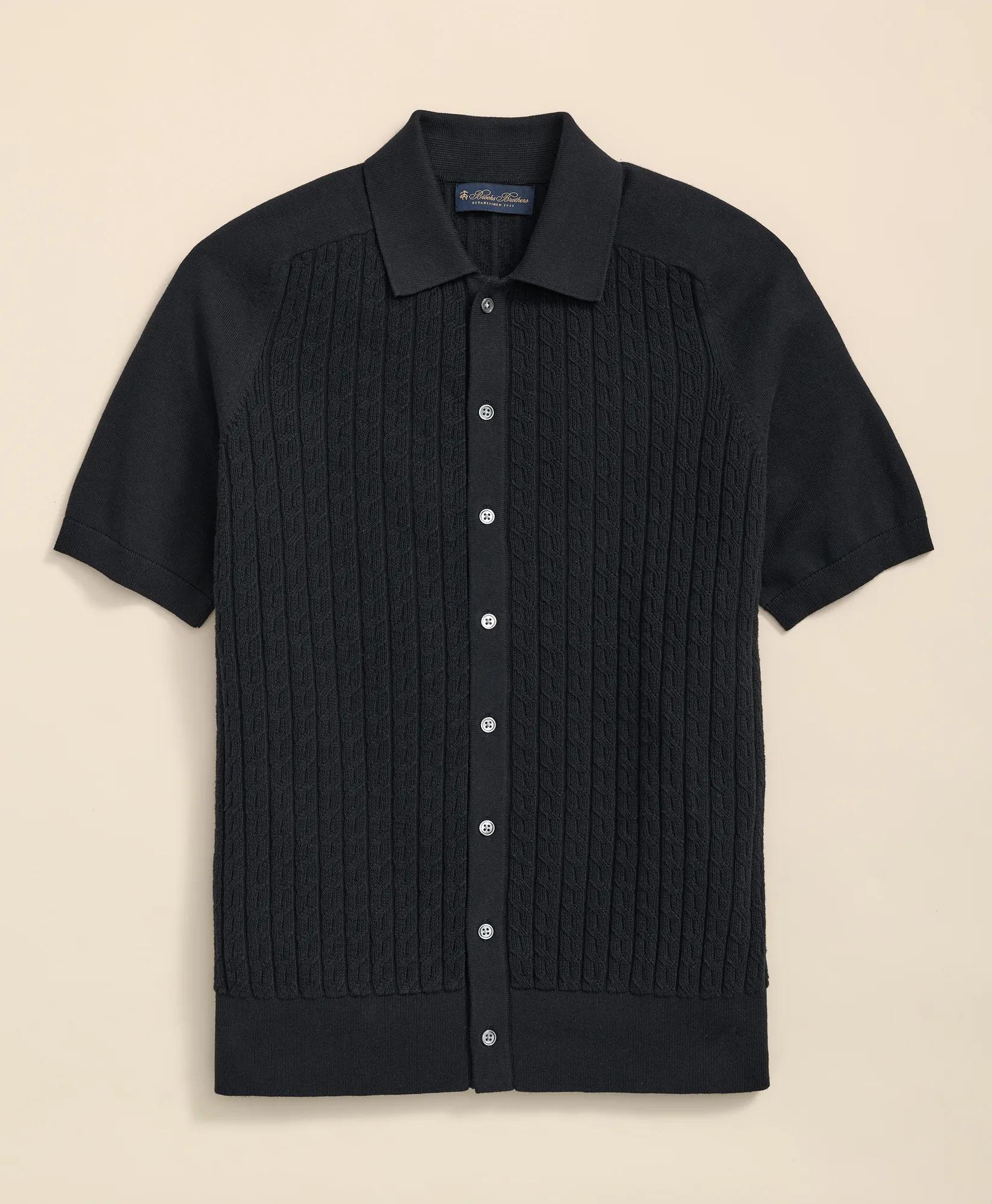 Cotton Cable-Knit Short-Sleeve Polo Sweater