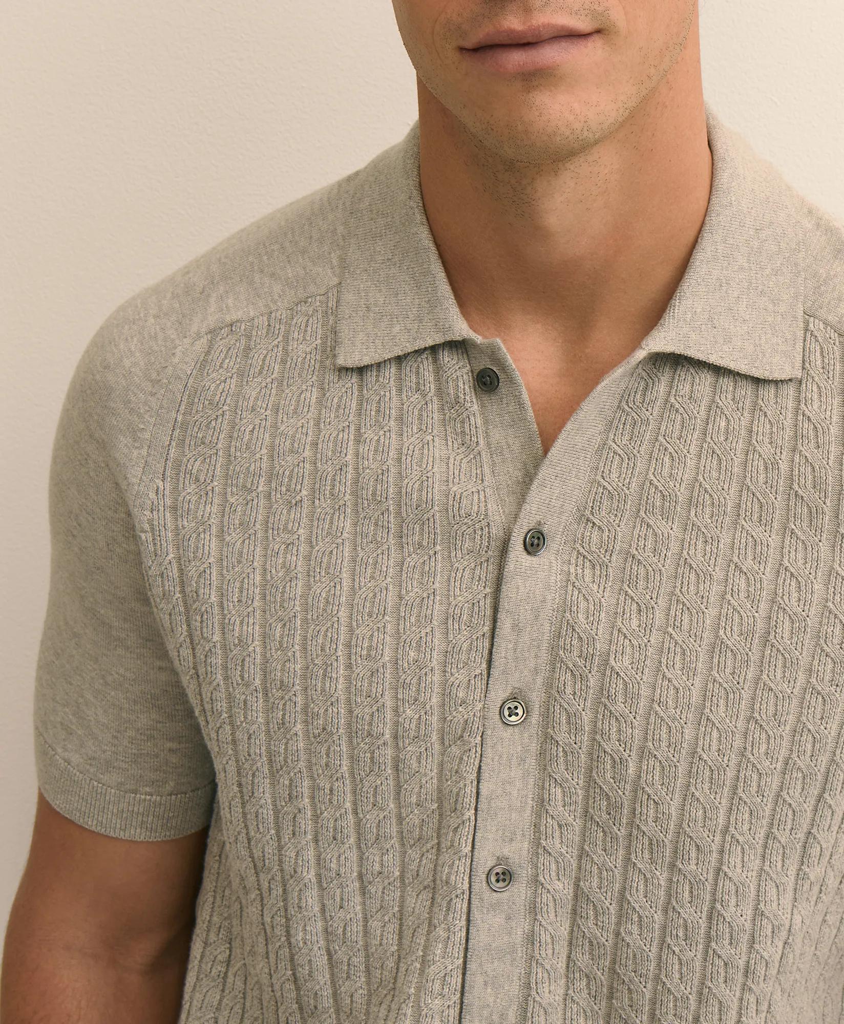 Cotton Cable-Knit Short-Sleeve Polo Sweater, image 2