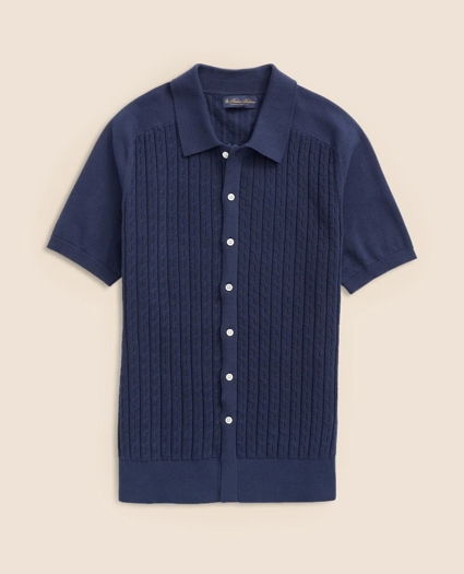 Cotton Cable-Knit Short-Sleeve Polo Sweater, image 1