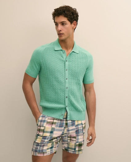 Cotton Cable-Knit Short-Sleeve Polo Sweater, image 1
