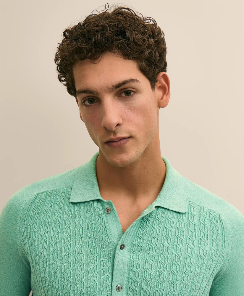 Cotton Cable-Knit Short-Sleeve Polo Sweater, image 4