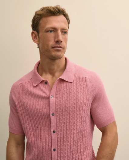 Cotton Cable-Knit Short-Sleeve Polo Sweater, image 2