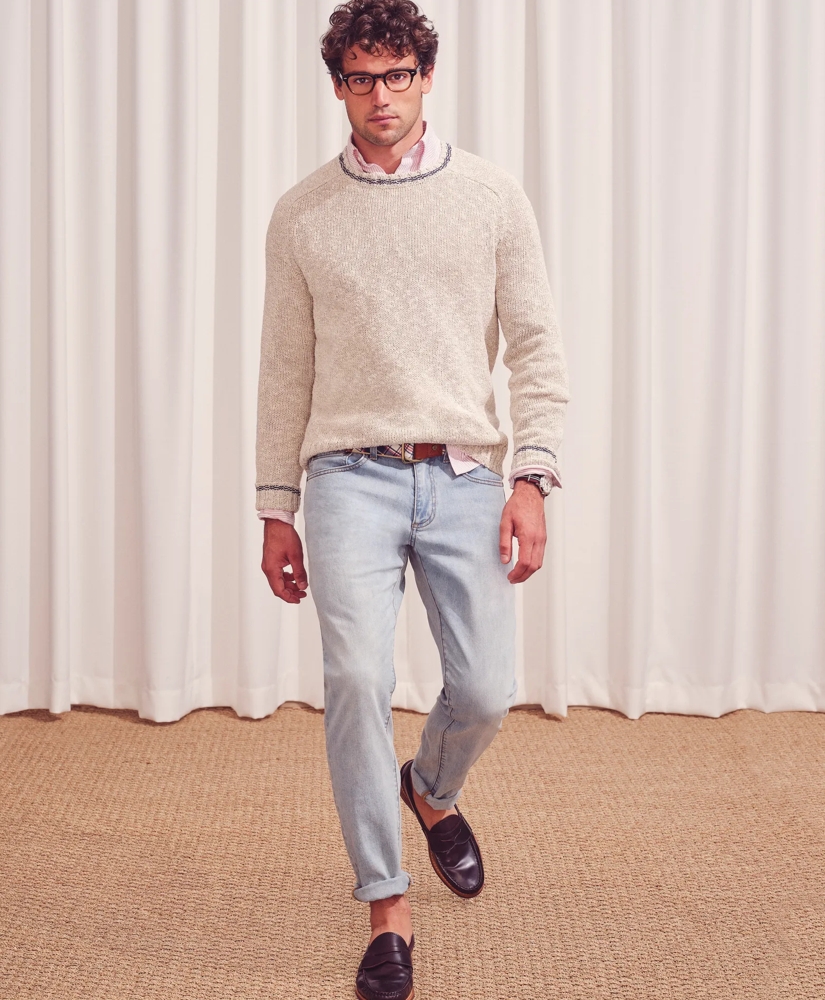 Cotton-Linen Tipped Jacquard Crewneck Sweater, image 5
