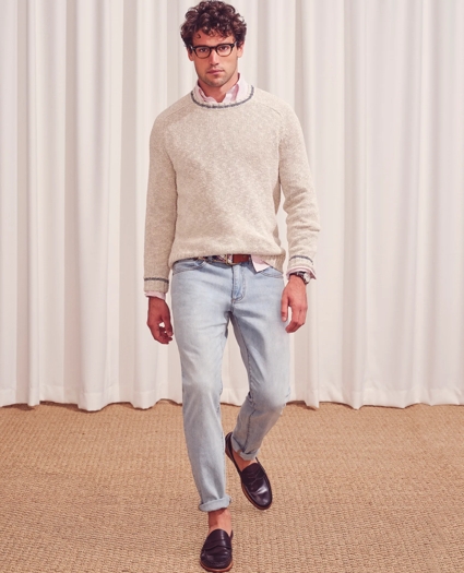 Cotton-Linen Tipped Jacquard Crewneck Sweater, image 5