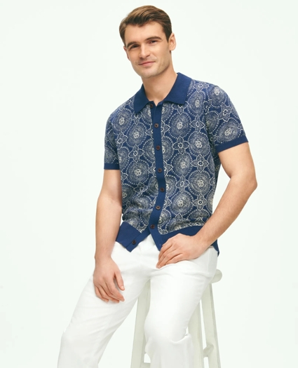 Cotton Polo Cardigan In Batik-Inspired Block Print, image 1