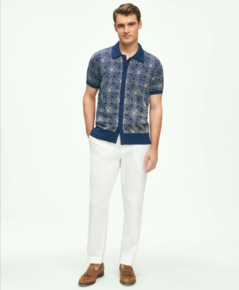 Cotton Polo Cardigan In Batik-Inspired Block Print