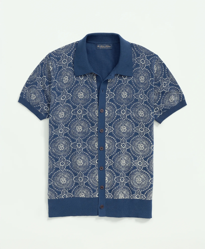 Cotton Polo Cardigan In Batik-Inspired Block Print