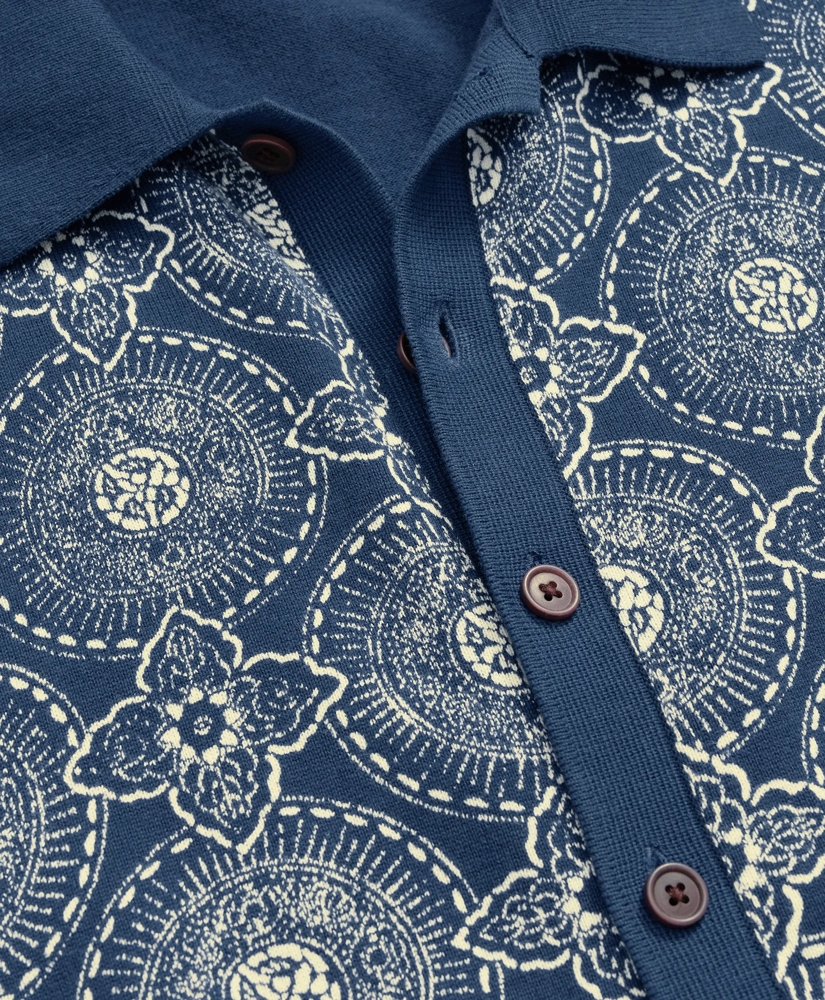Cotton Polo Cardigan In Batik-Inspired Block Print