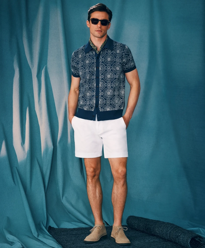 Cotton Polo Cardigan In Batik-Inspired Block Print
