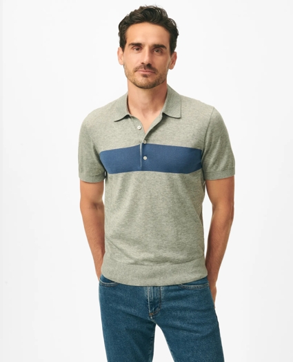 Luxe Short Sleeve Polo Sweater In Striped Cotton-Cashmere, image 1