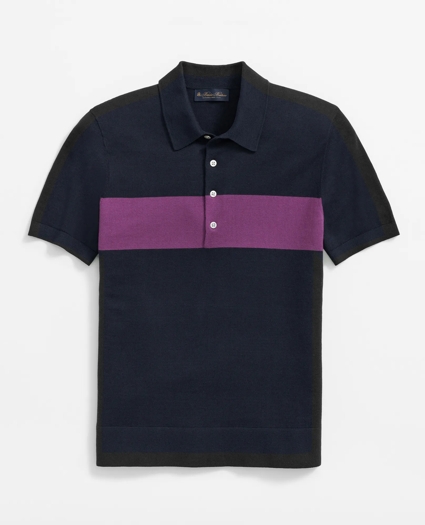 Luxe Short Sleeve Polo Sweater In Striped Cotton-Cashmere, image 1
