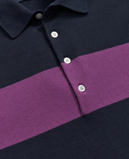 Luxe Short Sleeve Polo Sweater In Striped Cotton-Cashmere, image 2