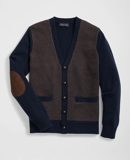 Merino Wool V-Neck Cardigan with Herringbone Jacquard Motif, image 1