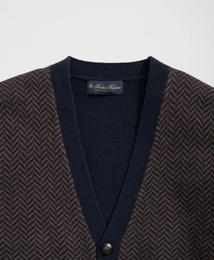 Merino Wool V-Neck Cardigan with Herringbone Jacquard Motif