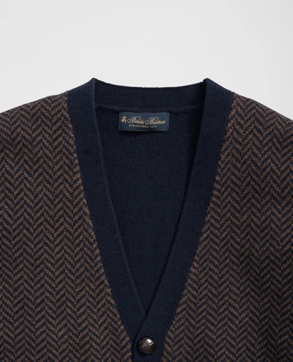 Merino Wool V-Neck Cardigan with Herringbone Jacquard Motif, image 2