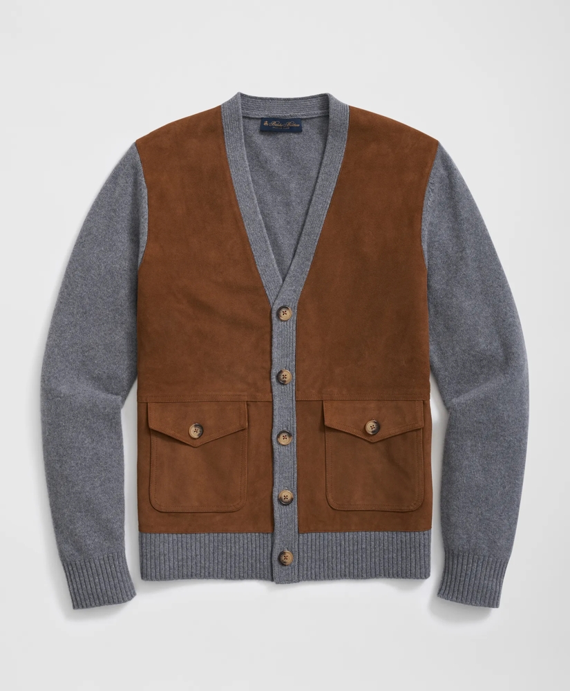 V-Neck Cardigan with Suede Panels in Wool-Cashmere Blend, image 1