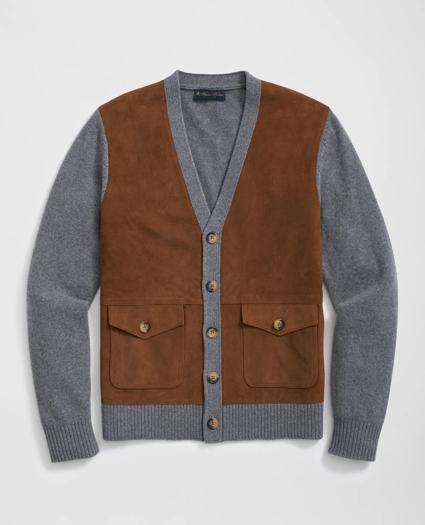 V-Neck Cardigan with Suede Panels in Wool-Cashmere Blend, image 1