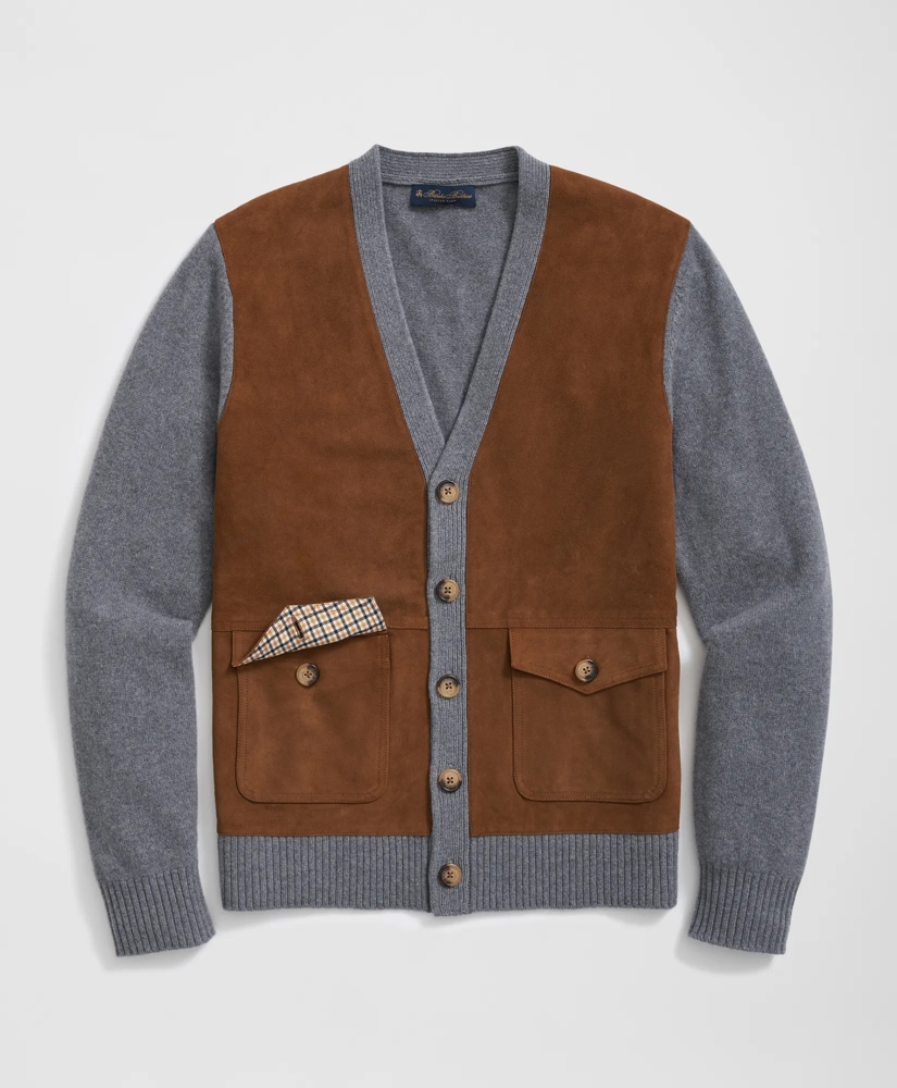 V-Neck Cardigan with Suede Panels in Wool-Cashmere Blend, image 2